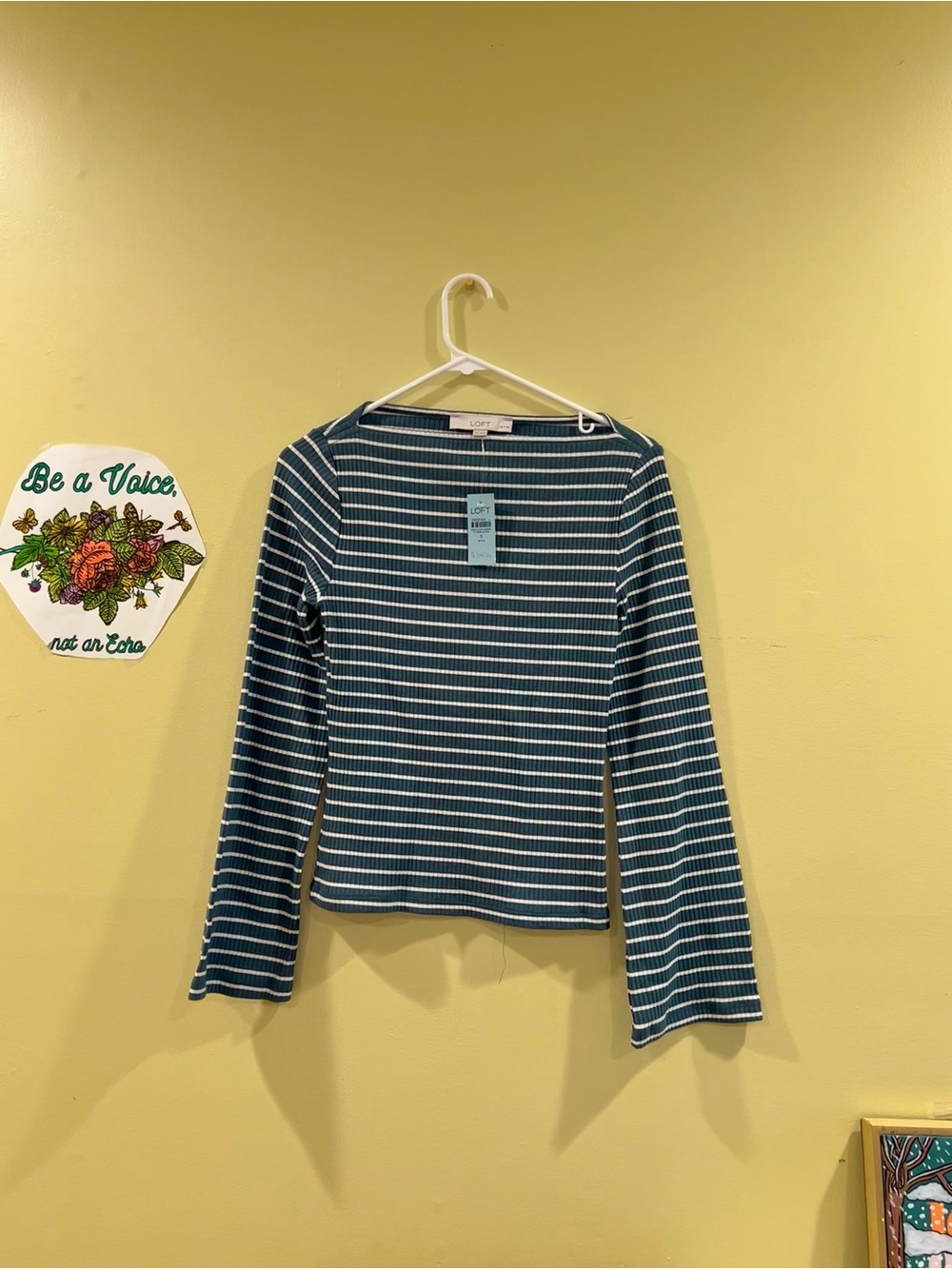 LOFT Teal and White Striped Long-Sleeve Ribbed Top